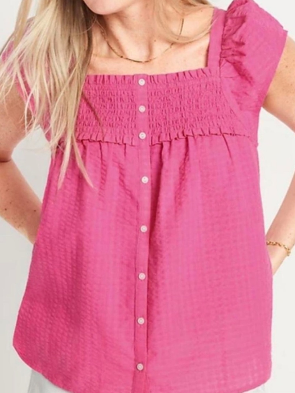 Old Navy Bright Pink Smocked Button Front Top Sz XXL